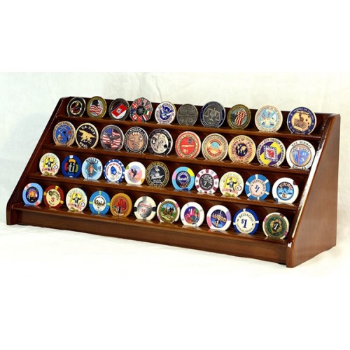 Racdde 4 Rows 40 Challenge Coin / Casino Chip Display Case Rack Holder Stand Solid Wood -Walnut Finish 