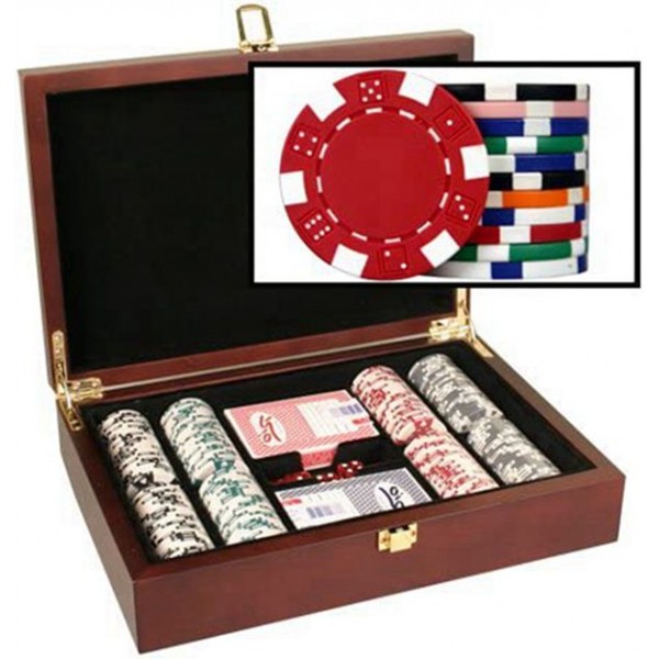 Racdde Mahogany Wood Poker Chip Set with Dice Striped 11.5 Gram Chips 