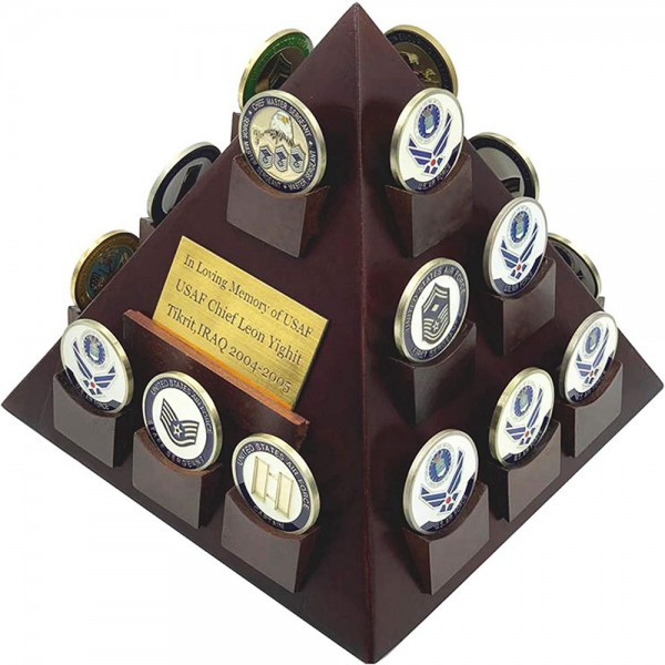 Racdde - Pyramid Shaped Military Challenge Coin & Poker/Casino Chip Display Solid Wood - Cherry Finish Customize 