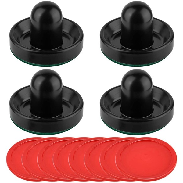 Racdde Air Hockey Pushers and Red Air Hockey Pucks, Goal Handles Paddles Replacement Accessories for Game Tables(4 Striker, 8 Puck Pack) 