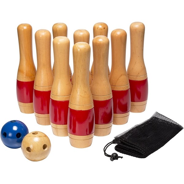 Lawn Bowling Game/Skittle Ball- Indoor and Outdoor Fun for Toddlers, Kids, Adults –10 Wooden Pins, 2 Balls, and Mesh Bag Set by Racdde (11 Inch) 