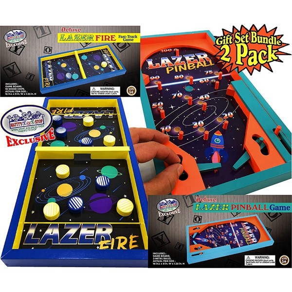 Racdde Deluxe Wood Tabletop Neon Lazer Space Pinball & Neon Lazer Space Fire Fast-Track Games Gift Set Bundle - 2 Pack 