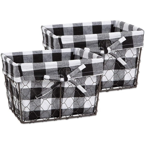 Racdde Vintage Chicken Wire Baskets for Storage Removable Fabric Liner, Set of 2, Black & White Check 2 Piece 