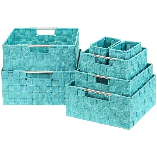 Racdde Storage Box Woven Basket Bin Container Tote Cube Organizer Set Stackable Storage Basket Woven Strap Shelf Organizer Built-in Carry Handles (7 Piece - Aqua) 