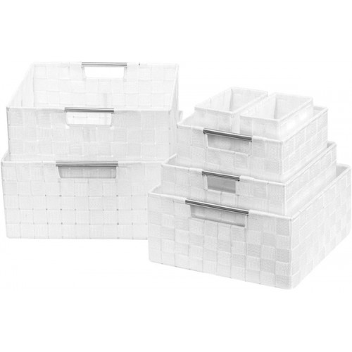 Racdde Storage Box Woven Basket Bin Container Tote Cube Organizer Set Stackable Storage Basket Woven Strap Shelf Organizer Built-in Carry Handles (7 Piece - White) 