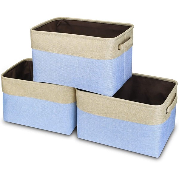 Racdde Large Storage Basket Bin Set [3-Pack] Storage Cube Box Foldable Canvas Fabric Collapsible Organizer with Handles for Home Office Closet, Grey/Tan (Light Blue) 