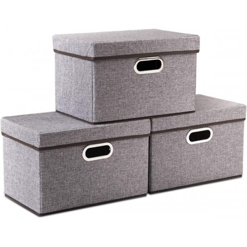 Racdde Foldable Storage Boxes with Lids [3-Pack] Linen Fabric Collapsible Storage Bins Organizer Containers Baskets Cube with Cover for Home Bedroom Closet Office Nursery (15x10x10) 