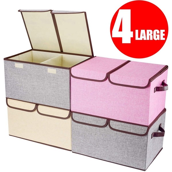 Larger Storage Cubes [4-Pack] Racdde Linen Fabric Foldable Collapsible Storage Cube Bin Organizer Basket with Lid, Handles, Removable Divider For Home, Nursery, Closet - (17.7 x 11.8 x 9.8”) 