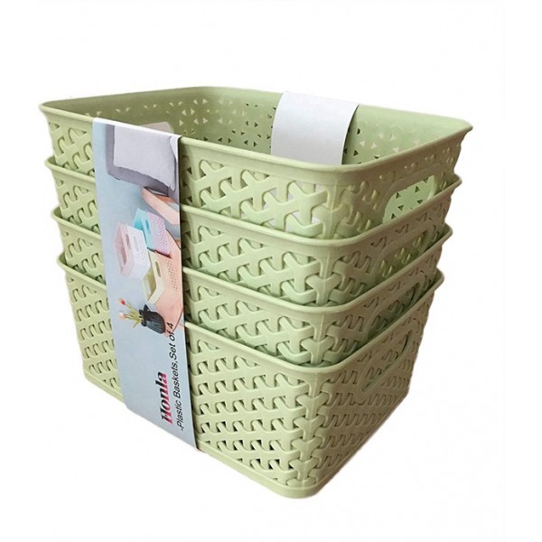 Racdde Weaving Plastic Storage Baskets Bins Organizer with Handles,Set of 4,Green 