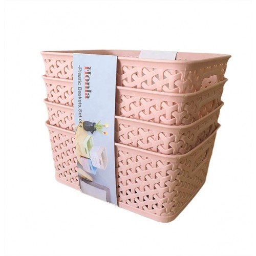 Racdde Weaving Plastic Storage Baskets Bins Organizer with Handles,Set of 4, Pink