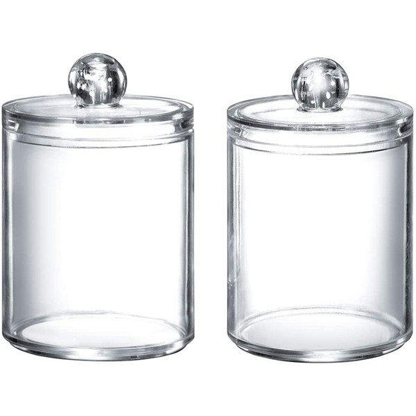 Racdde Qtip Dispenser Apothecary Jars Bathroom - Qtip Holder Storage Canister Clear Plastic Acrylic Jar for Cotton Ball,Cotton Swab,Q-Tips,Cotton Rounds (2 Pack of 10 Oz.，Small) 