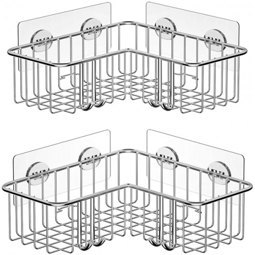 Racdde 2-Pack Corner Shower Caddy, Adhesive Bath Shelf with Hooks, SUS304 Stainless Steel Storage Organizer for Bathroom, Toilet, Kitchen and Dorm, Only for 90 Degrees Right Angle, Silver 