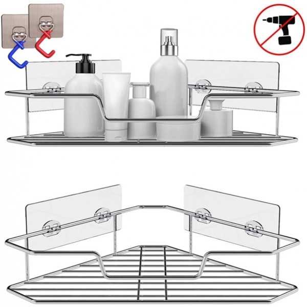 Racdde 2-Pack Corner Shower Caddy, Extra Mop Clip 2Pcs, 304 Stainless Steel Wide Space Shower Shelf with Adhesive, Hanging Storage Organizer Strong and Sturdy for Bathroom Kitchen 