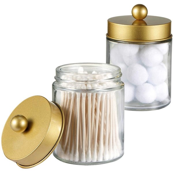 Racdde Apothecary Jars Bathroom Storage Organizer -Countertop Storage Organizer Canister Jar - Cute Qtip Dispenser Holder Glass with Lid- for Cotton Swabs,Bath Salts,Hair Band / 2-Pack(Gold) 