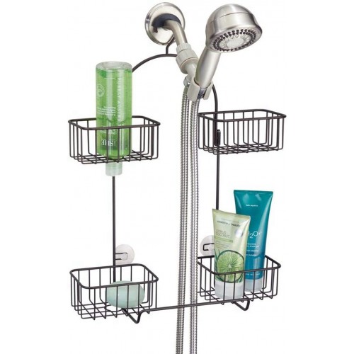 Racdde Metal Hanging Bath and Shower Caddy Organizer for Hand Held Shower Head and Hose - Storage for Shampoo, Conditioner, Hand Soap - 4 Shelf Format - Bronze 