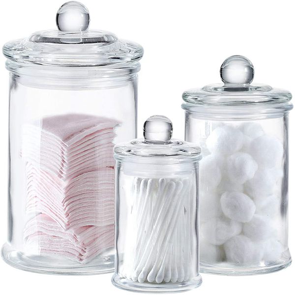 Racdde Mini Glass Apothecary Jars-Cotton Jar-Bathroom Storage Organizer Canisters Set of 3 