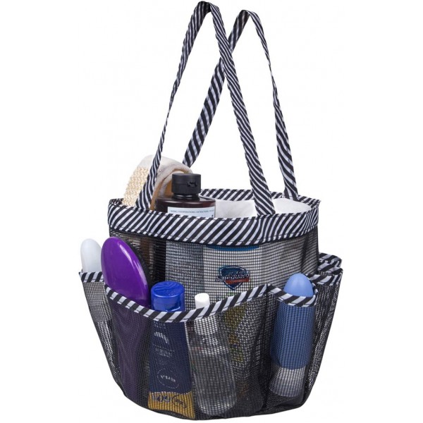 Racdde Mesh Shower Caddy Tote with 8 Mesh Storage Pockets, Quick Dry Portable Shower Tote Bag Perfect for College Dorm and Other Bathroom Accessories, Black Strip 