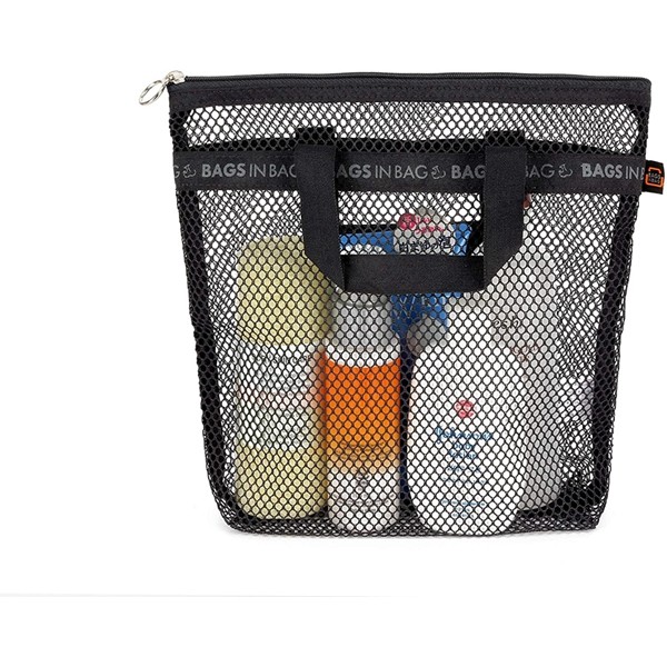 Racdde Portable shower Mesh Caddy bag Quick Dry Hanging Toiletry and Bath Organizer for travel and swimming (Black) 