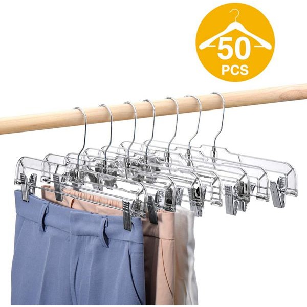 Racdde 50 Pack 14 inch Clear Plastic Skirt Hangers with Clips, Skirt Hangers, Clip Hangers for Pants,Trouser Bulk Plastic Pants Hangers 