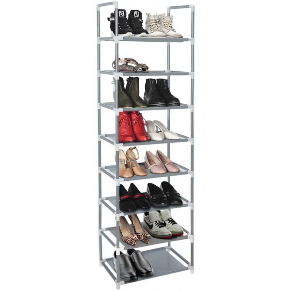 Racdde Shoe Rack Organizer 8 Tiers, Stackable and Durable Shoe Shelf Storage 16 Pairs Metal Shoe Tower Space Saving 18" x 11.9" x 57.7" (Grey) 