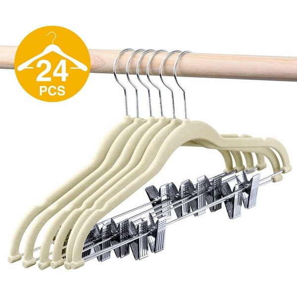 Racdde Velvet Skirt Hangers - Pack of 24 - Velvet Hangers with Clips Ultra Thin Non Slip Velvet Pants Hangers Space Saving Clothes Hanger (Beige) 