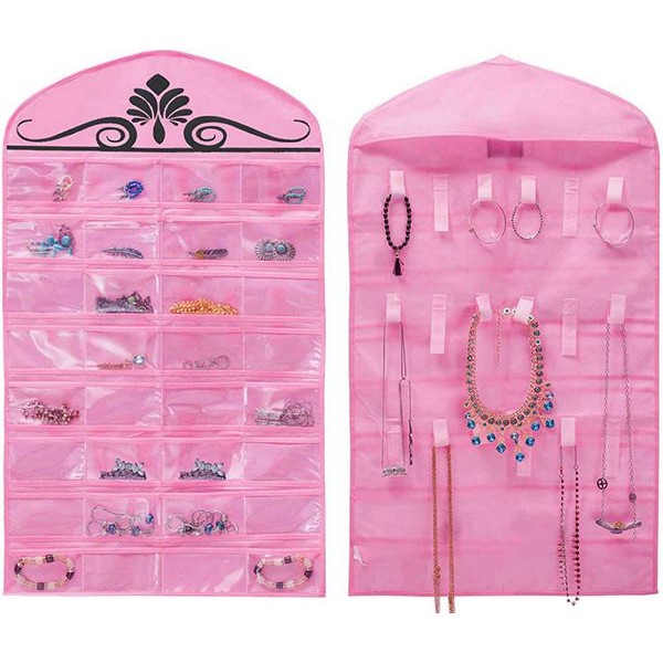 Racdde Pink Jewelry Hanging Non-Woven Organizer Holder 32 Pockets 18 Hook and Loops 