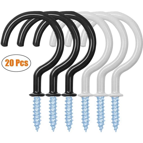 Racdde 20 Pack 2.9 Inches Ceiling Hooks Vinyl Coated Screw-in Wall Hooks Plant Hooks Kitchen Hooks,Cup Hooks Great for Indoor & Outdoor Use (10 Black+10 White) 