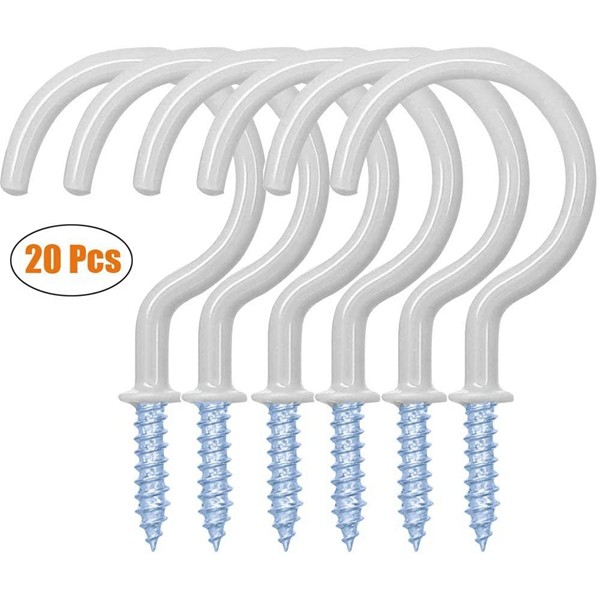Racdde 20 Pack 2.9 Inches Ceiling Hooks,Vinyl Coated Screw-in Wall Hooks, Plant Hooks, Kitchen Hooks, Cup Hooks Great for Indoor & Outdoor Use - (20 White) 
