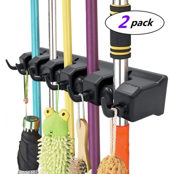 Racdde Mop and Broom Holder, Wall Mounted Organizer Mop and Broom Storage Tool Rack with 5 Ball Slots and 6 Hooks (Black) (Double Pack) 