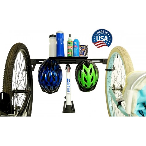 Racdde Wall Mount Bike Storage Rack Garage Hanger for 2 Bicycles + Helmets | Fits All Bikes Even Large Cruisers/Big Tire Mountain Bikes | Heavy Duty Powder Coated Steel | Made in USA (2 Bike Rack)