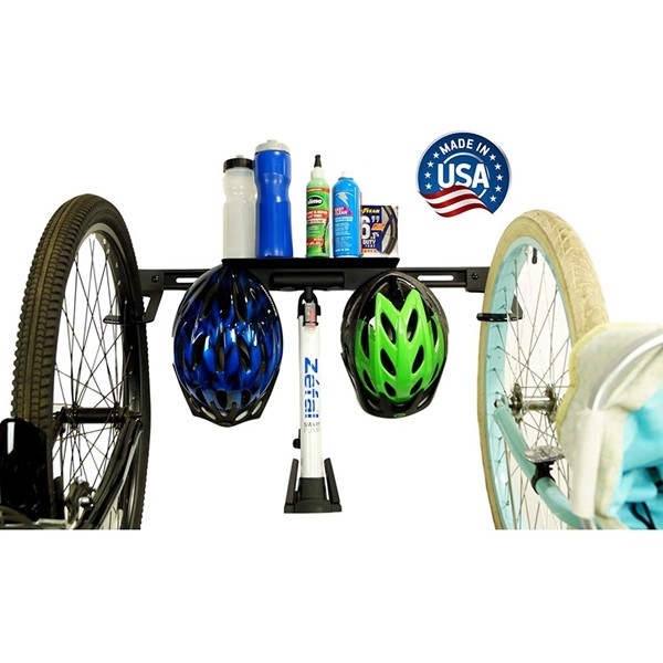 Racdde Wall Mount Bike Storage Rack Garage Hanger for 2 Bicycles + Helmets | Fits All Bikes Even Large Cruisers/Big Tire Mountain Bikes | Heavy Duty Powder Coated Steel | Made in USA (2 Bike Rack)