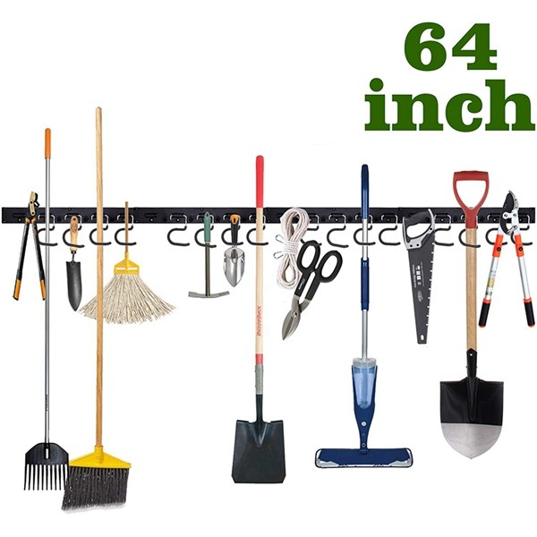 Racdde Upgrade 64 Inch Garage Tool Organizer Wall Mounted, Mop Broom Holder Adjustable Storage System, Wall Holders for Garden Tools, Heavy Duty Tool Hanger with 16 Hooks 4 Rails 