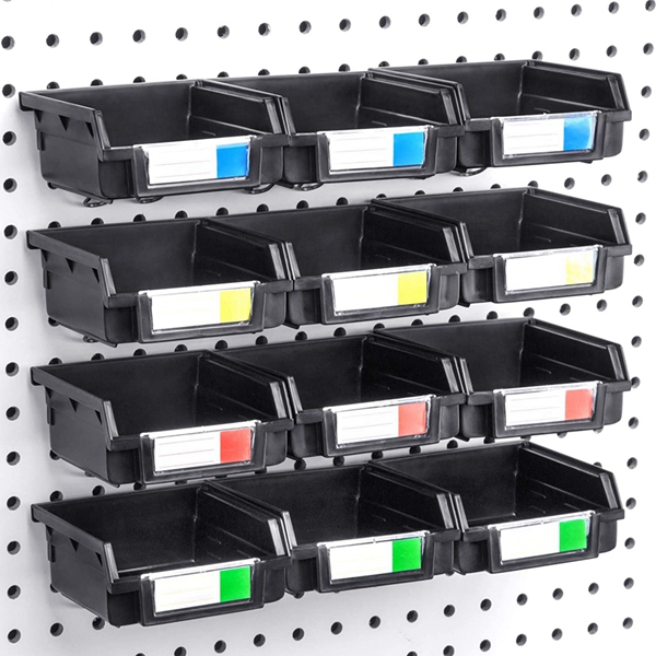 Racdde Pegboard Bins - 12 Pack Black - Hooks to Any Peg Board - Organize Hardware, Accessories, Attachments, Workbench, Garage Storage, Craft Room, Tool Shed, Hobby Supplies, Small Parts 