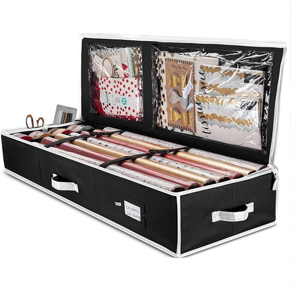 Racdde Premium Wrap Organizer, Interior Pockets, fits 18-24 Standers Rolls, Underbed Storage, Wrapping Paper Storage Box and Holiday Accessories, 40” Long - Tear Proof Fabric - 5 Year Warranty 