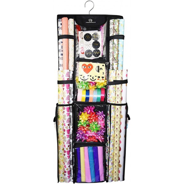 Racdde Double Sided Hanging Gift Wrap Organizer | Large 16" x 41" Wrapping Paper Rolls Storage Bag | Tearproof & Space Saving Closet Gift Bag Organization Solution (Black) 