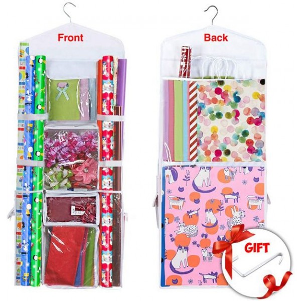 RacddeHanging Gift Wrapping Paper Storage Organizer Bag, Double Sided Multiple Front & Back Pockets Organize Your Gift Wrap, Gift Bags Bows Ribbons 40"X17" Fits Long 40 Inch Rolls Clear PVC Bag (White) 