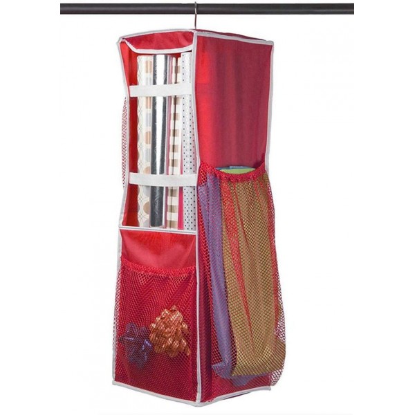 Racdde Hanging Wrapping Paper Storage - Holds Up to 20 Rolls, 360 Swivel & Extra Durable Gift Wrap Organizer Bag with Side Bin Pockets for All of Your Birthday, Holiday - 32” x 11” x 10” 