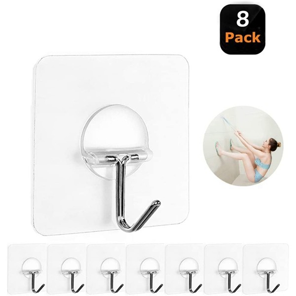 Racdde Wall Hooks 13lb(Max) Transparent Reusable Seamless Hooks,Waterproof and Oilproof,Bathroom Kitchen Heavy Duty Self Adhesive Hooks,8 Pack 