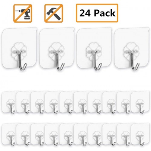 Racdde Adhesive Hooks Kitchen Wall Hooks- 24 Packs Heavy Duty 13.2lb(Max) Nail Free Sticky Hangers with Stainless Hooks Reusabl e Utility Towel Bath Ceiling Hooks (Adhesive Hooks) 