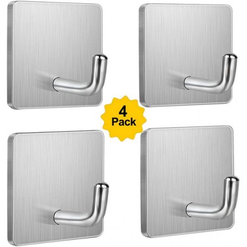 Racdde Adhesive Hooks Heavy Duty Stick on Wall Door Cabinet Stainless Steel Towel Coat Clothes Hooks Self Adhesive Holders for Hanging Kitchen Bathroom Home 4 Pack