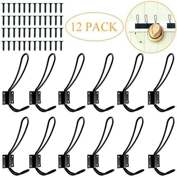 Racdde Rustic Entryway Hooks-12 Pack Farmhouse Hooks with Metal Screws Included,Black Decorative Wall Mounted Rustic Coat Hooks Rack, Double Vintage Organizer Hanging Wire Hook Clothes Hanger 