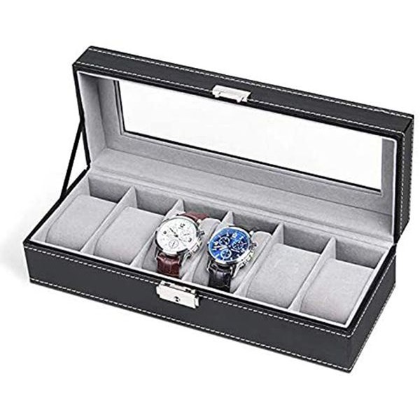 Racdde 6 Slot Leather Watch Box Display Case Organizer Glass Jewelry Storage Black 
