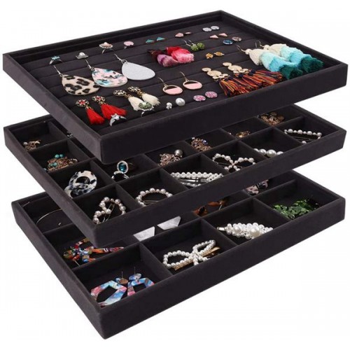 Racdde Stackable Velvet Jewelry Trays Organizer, Jewelry Storage Display Trays All Velvet for Drawer, Earring Necklace Bracelet Ring Organizer, Set of 3 (Black) 