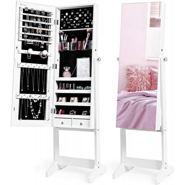 Racdde Jewelry Cabinet with Full-Length Mirror, Standing Lockable Jewelry Armoire Organizer, 3 Angel Adjustable, White 