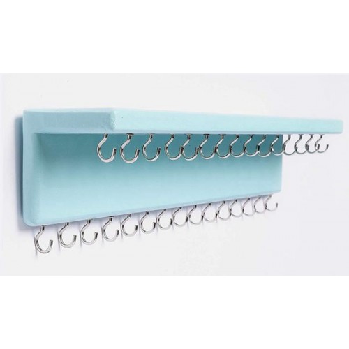 Racdde Jewelry Organizer with 30 Hooks and Cosmetics Shelf, 15 x 3 x 4 inches Wall Mounted Rustic Pine Wood Holder for Necklaces and Bracelets, Suitable for Kids and Adults (Aqua) 