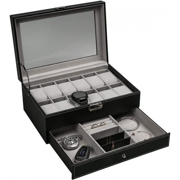Racdde 12 Slot PU Leather Lockable Watch Storage Boxes, Men & Women Jewelry Display Drawer Case, 2-Tier Organizer Watch Showcase with Glass Lid 