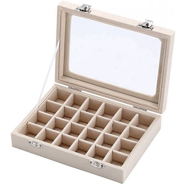 Racdde 24 Section Velvet Glass Jewelry Ring Display Organiser Box Tray Holder Earrings Storage Case (Beige) 