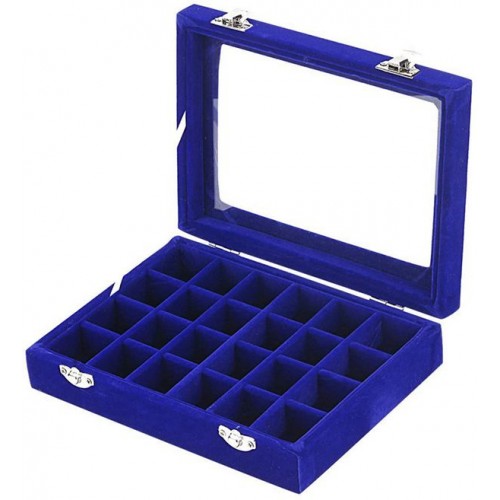 Racdde 24 Section Velvet Glass Jewelry Ring Display Organiser Box Tray Holder Earrings Storage Case (Blue )