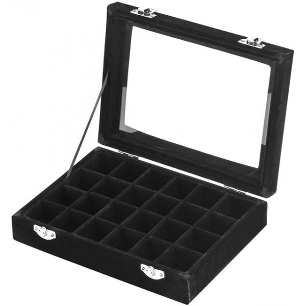 Racdde 24 Section Velvet Glass Jewelry Ring Display Organiser Box Tray Holder Earrings Storage Case (Black) 