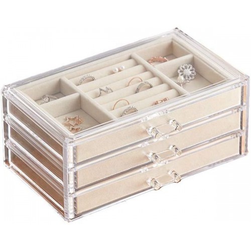 Racdde Jewelry Box for Women with 3 Drawers, Velvet Jewelry Organizer for Earring Bangle Bracelet Necklace and Rings Storage Clear Acrylic Jewelry case 